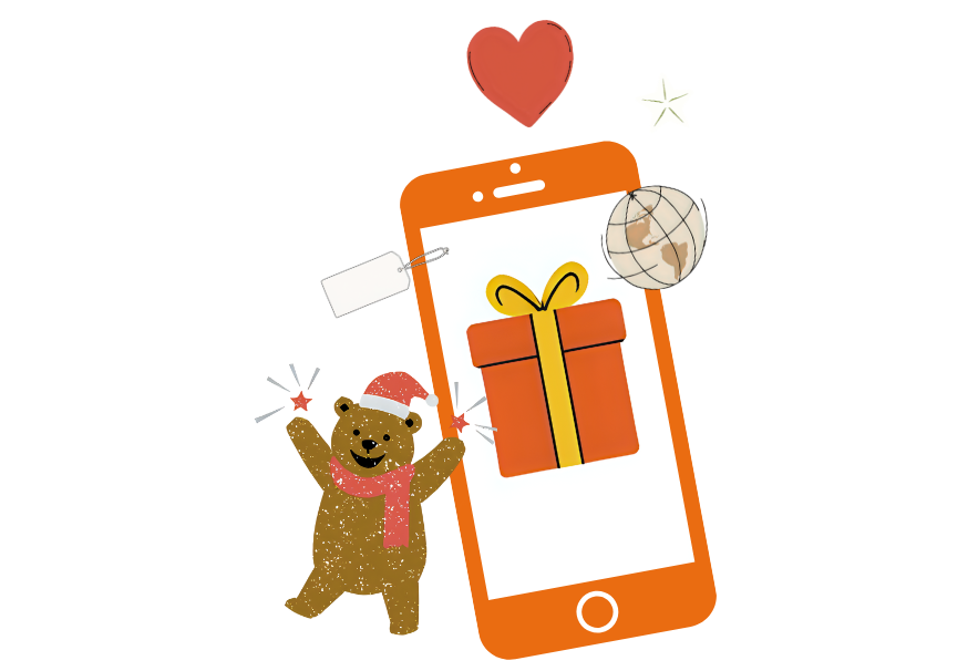 a happy christmas bear jumps out of a phone with a present on it