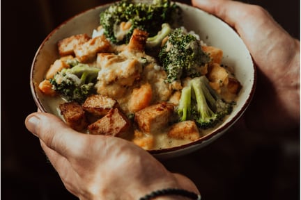 Persona sostiene un platillo vegano de tofu con brocoli.
